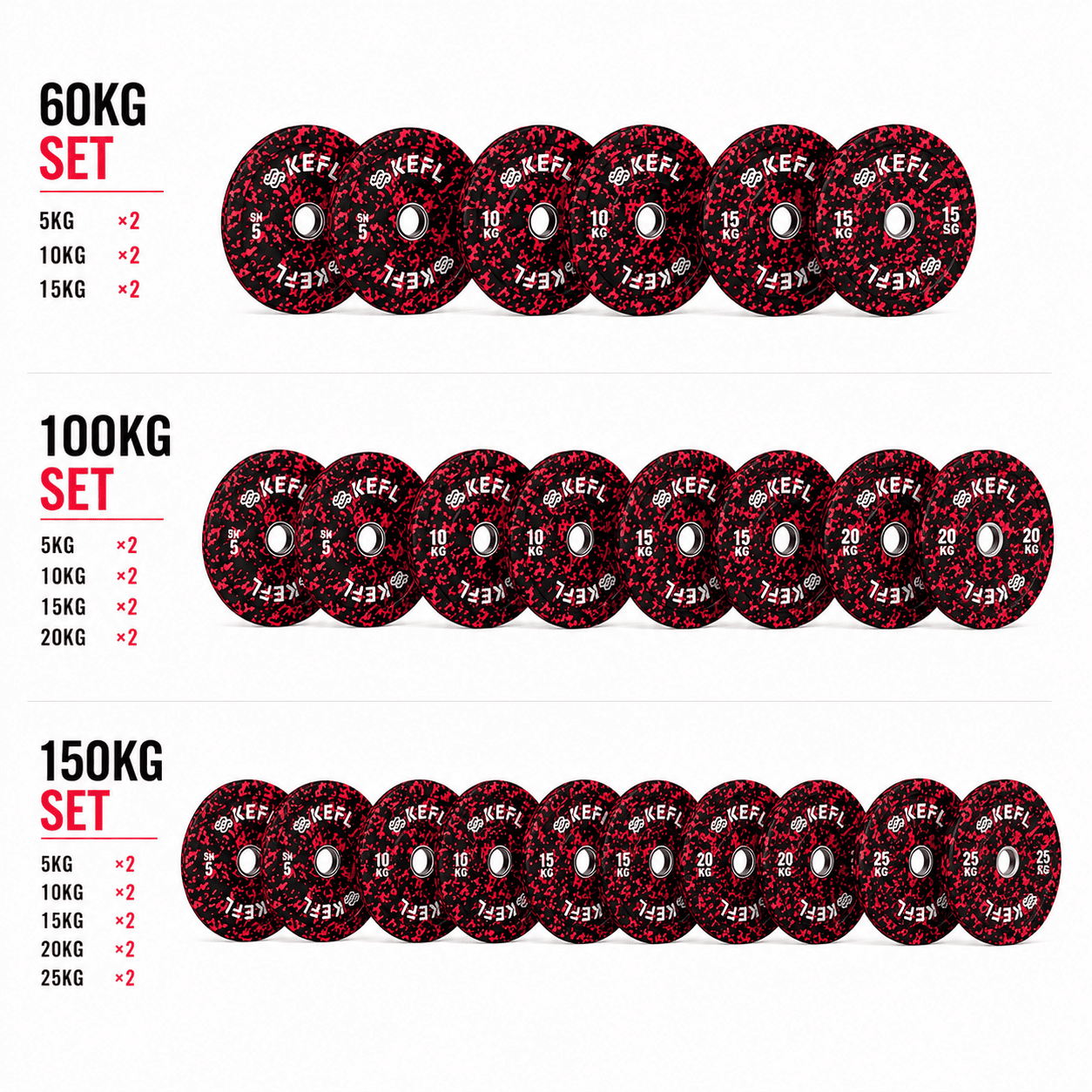 KEFL Red Fleck Olympic Bumper Plate Set – 60kg, 100kg & 150kg