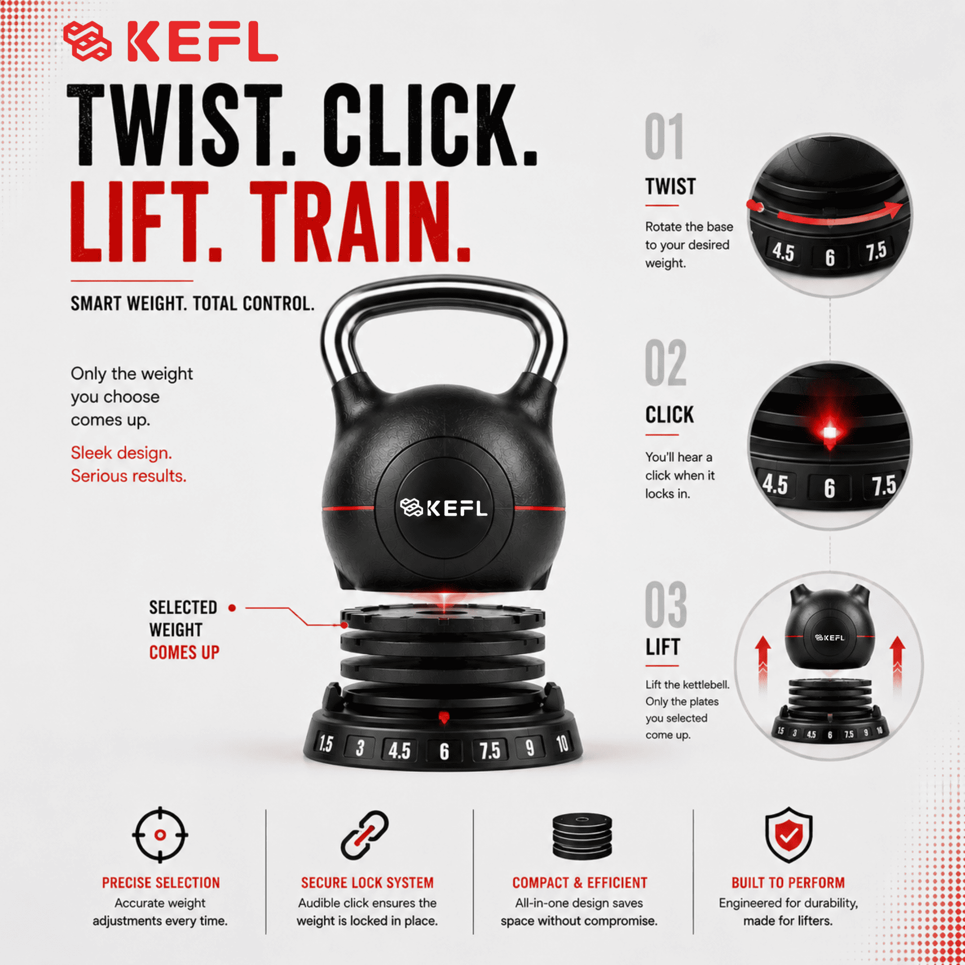 KEFL Adjustable Quick Select Kettlebell 10KG