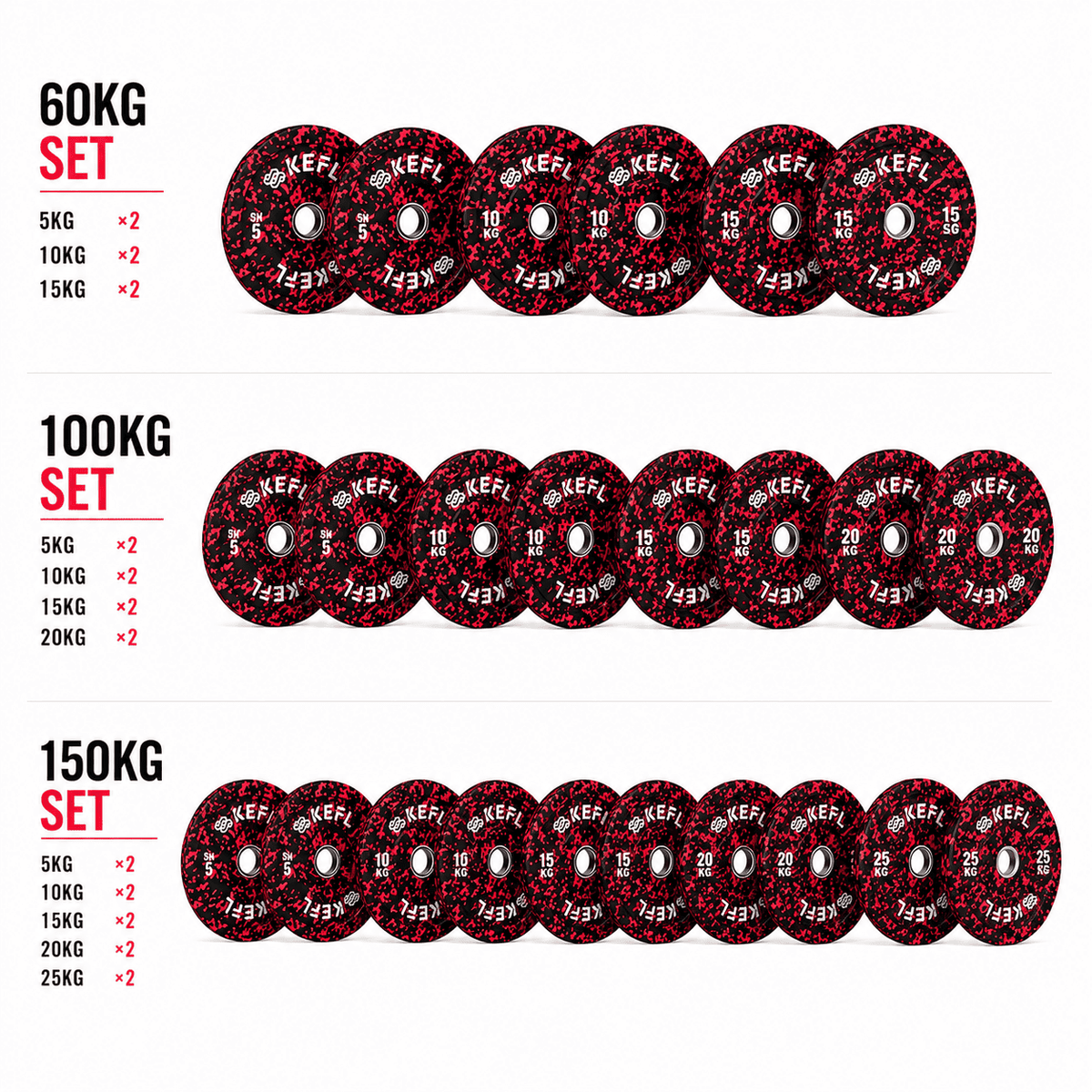 KEFL Red Fleck Olympic Bumper Plate Set – 60kg, 100kg & 150kg